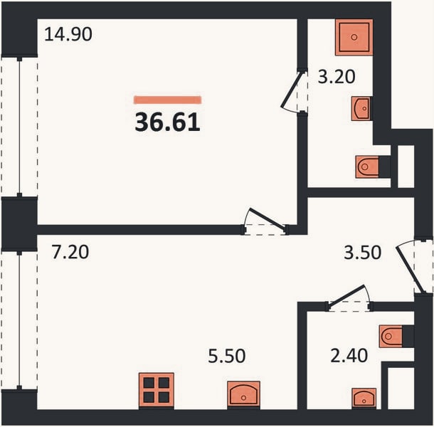 Планировка: 1-к, 36,6 м²