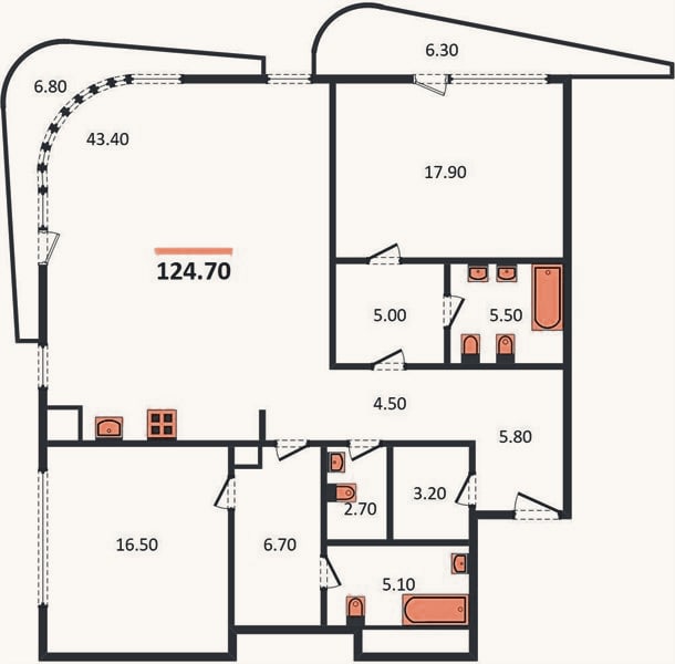 Планировка: 2-к, 124,7 м²