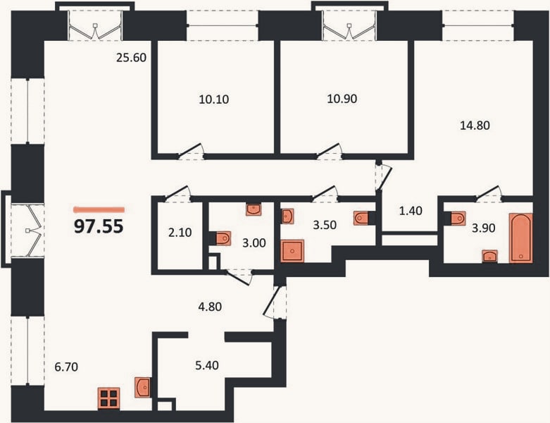 Планировка: 3-к, 97,6 м²