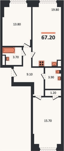 Планировка: 2-к, 67,2 м²