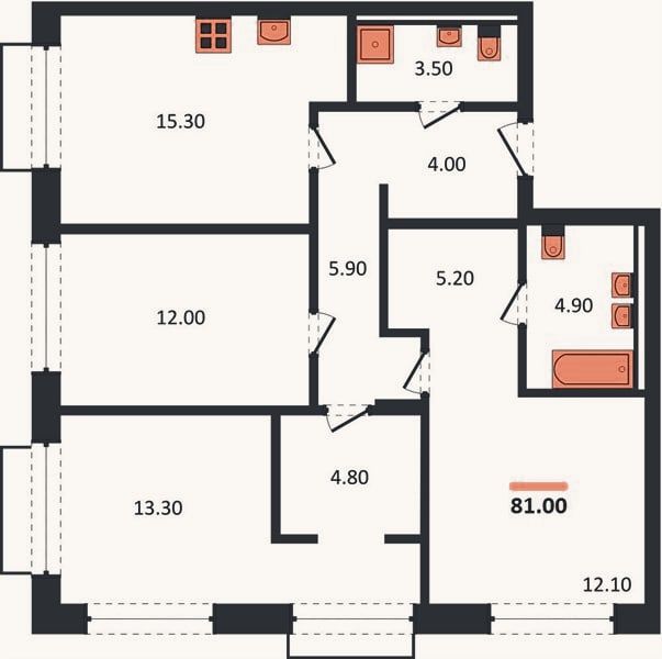 Планировка: 3-к, 81 м²