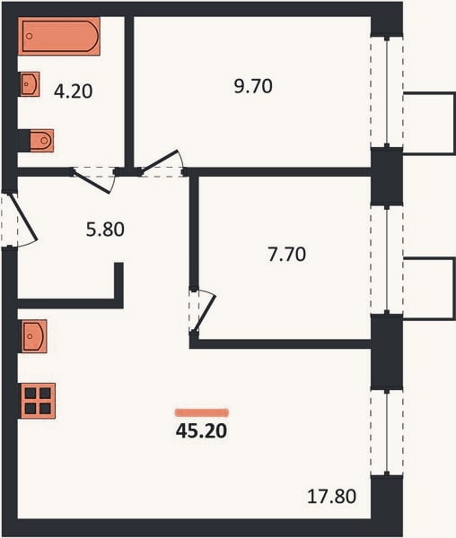 Планировка: 2-к, 45,2 м²