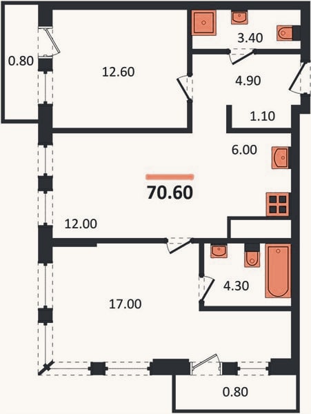 Планировка: 2-к, 70,6 м²