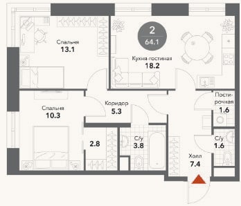 Планировка: 2-к, 65,6 м²