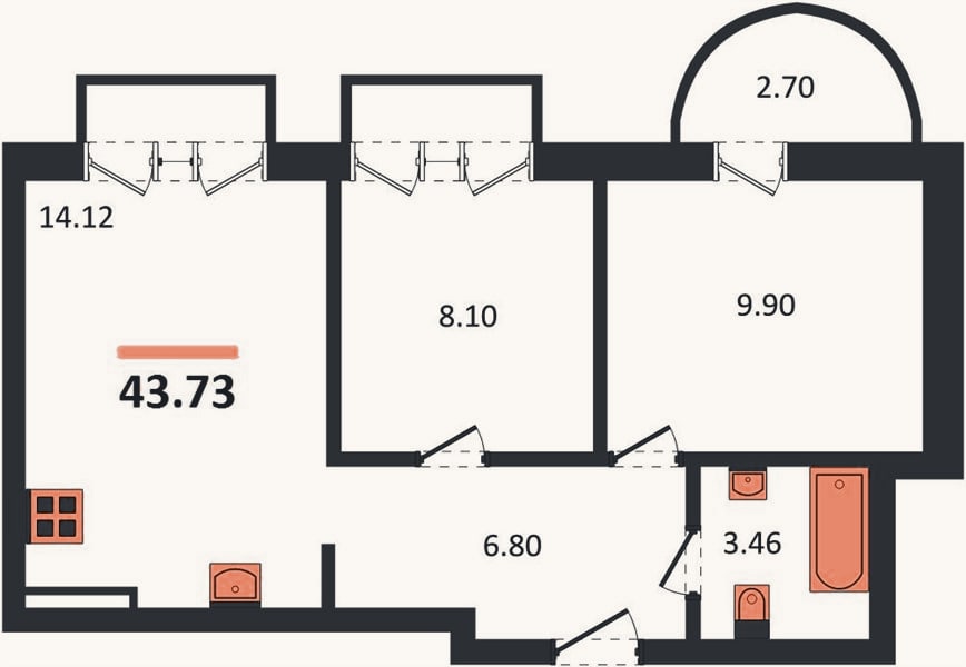 Планировка: 2-к, 43,7 м²