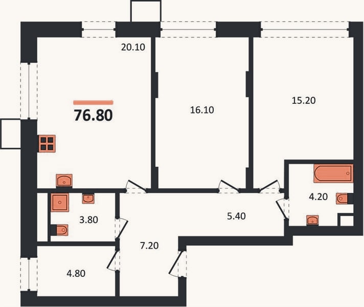 Планировка: 2-к, 76,8 м²
