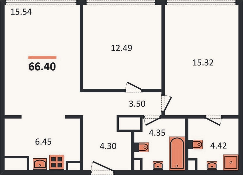 Планировка: 2-к, 66,4 м²