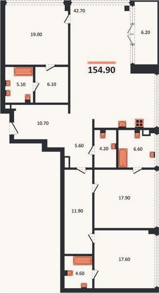 Планировка: 3-к, 154,9 м²