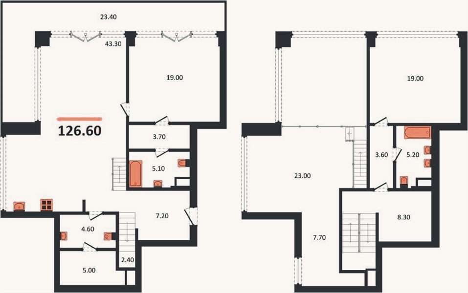 Планировка: 2-к, 126,6 м²
