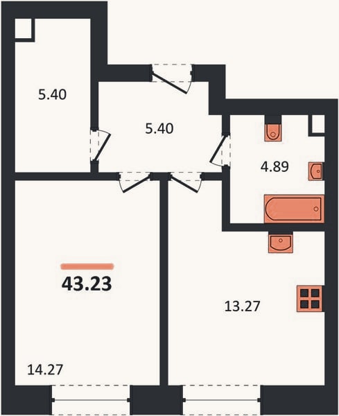 Планировка: 1-к, 43,2 м²