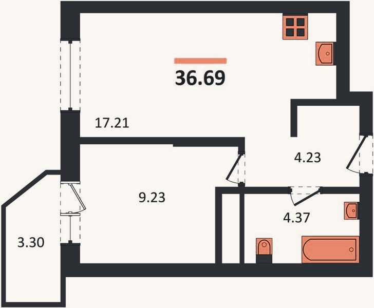 Планировка: 1-к, 36,7 м²