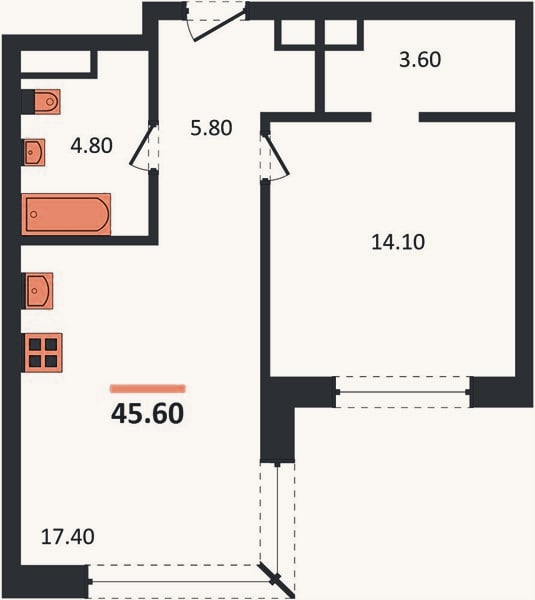 Планировка: 1-к, 45,6 м²