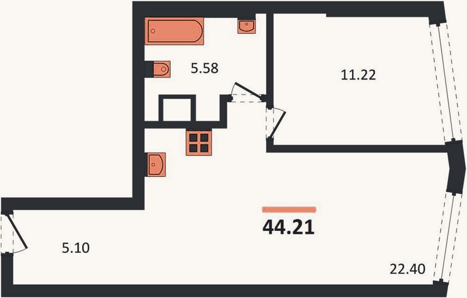 Планировка: 1-к, 44,2 м²