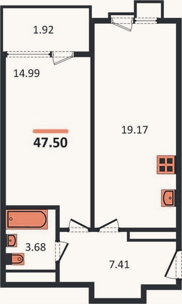 Планировка: 1-к, 47,5 м²