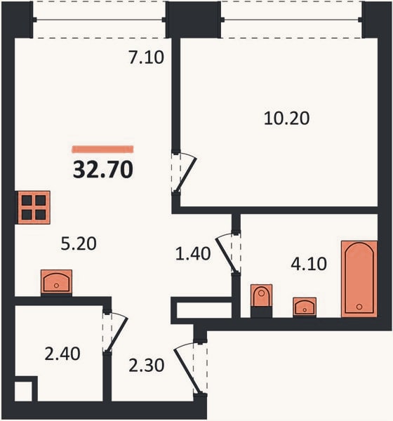 Планировка: 1-к, 32,9 м²