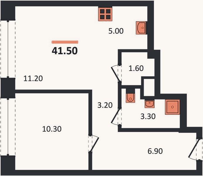 Планировка: 1-к, 42 м²