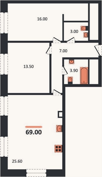 Планировка: 2-к, 69 м²
