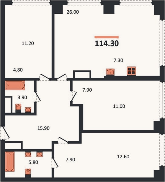 Планировка: 3-к, 114,3 м²