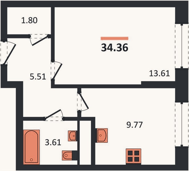 Планировка: 1-к, 34,4 м²
