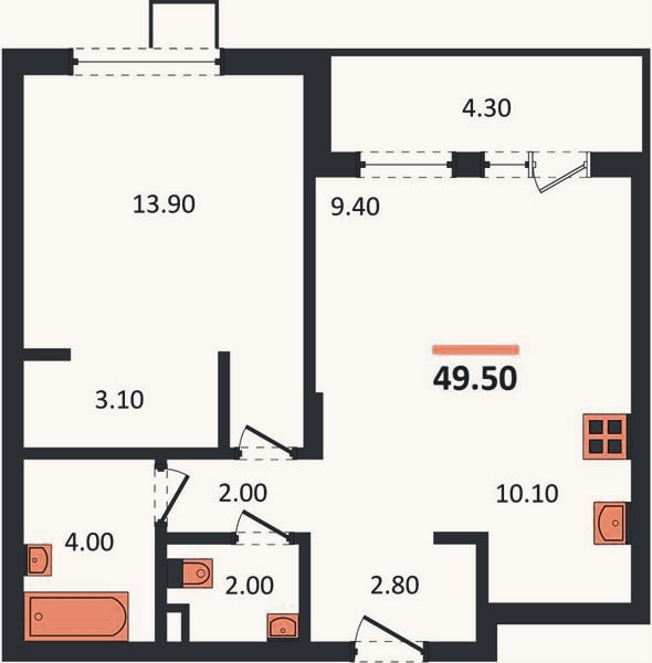 Планировка: 1-к, 49,5 м²