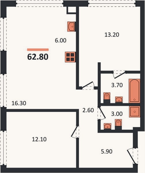 Планировка: 2-к, 62,8 м²