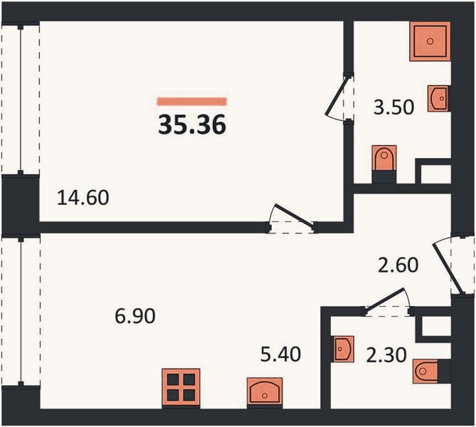 Планировка: 1-к, 35,4 м²