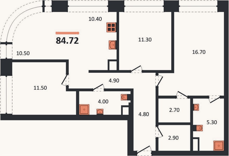 Планировка: 3-к, 84,7 м²