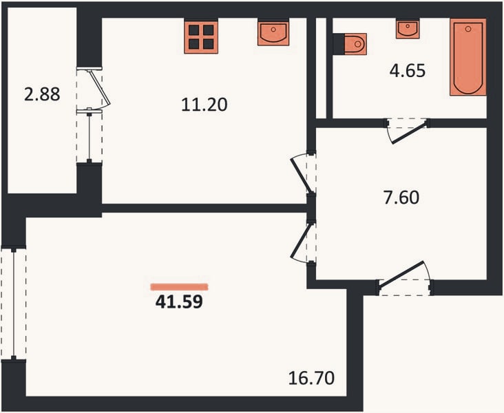 Планировка: 1-к, 41,6 м²