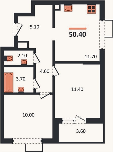 Планировка: 2-к, 50,4 м²