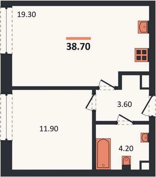 Планировка: 1-к, 38,7 м²