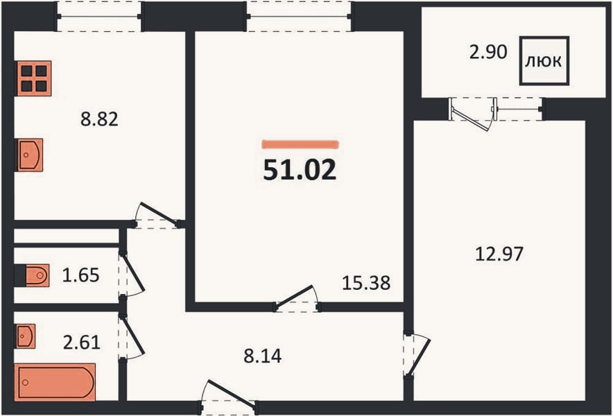 Планировка: 2-к, 51 м²