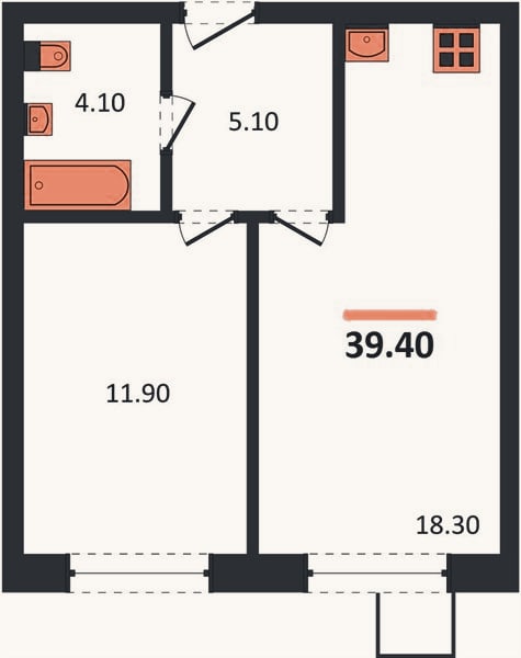 Планировка: 1-к, 39,4 м²