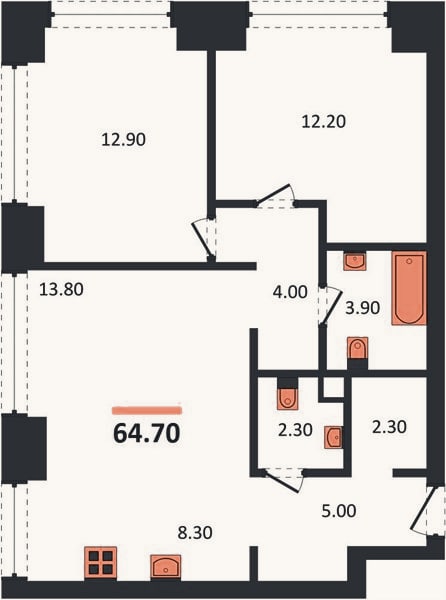 Планировка: 2-к, 64,7 м²