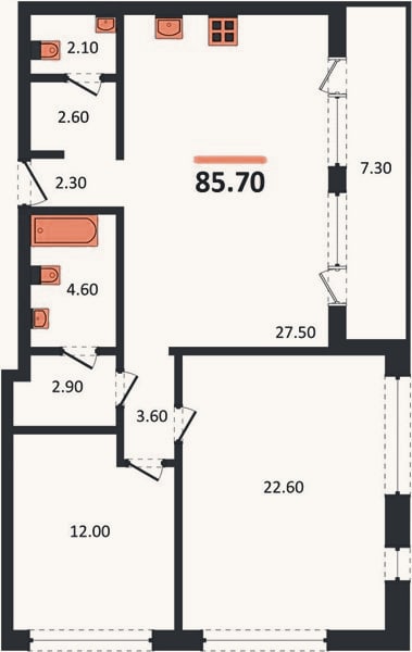 Планировка: 2-к, 85,7 м²