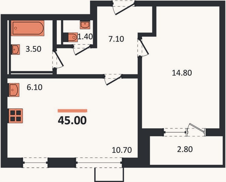 Планировка: 1-к, 45 м²