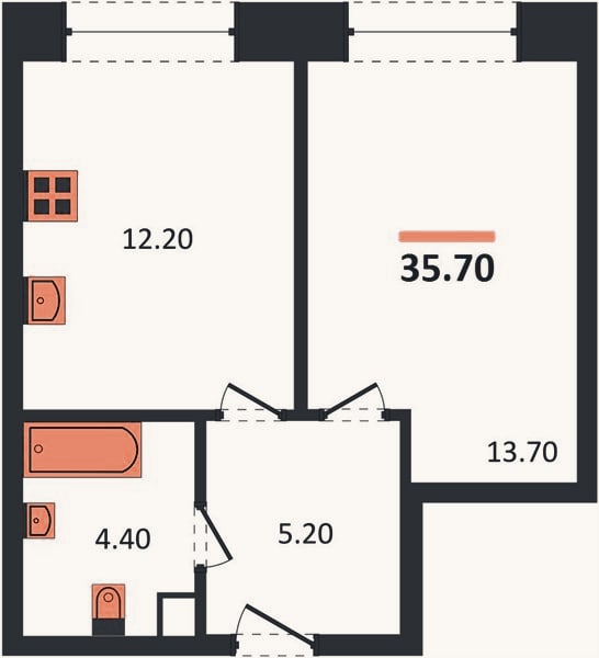Планировка: 1-к, 35,7 м²
