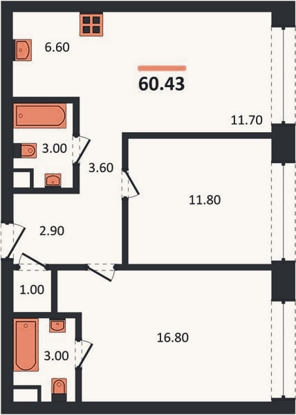 Планировка: 2-к, 60,4 м²