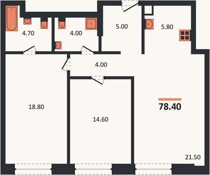 Планировка: 2-к, 78,4 м²