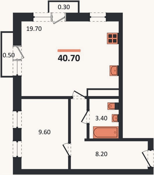 Планировка: 1-к, 40,7 м²