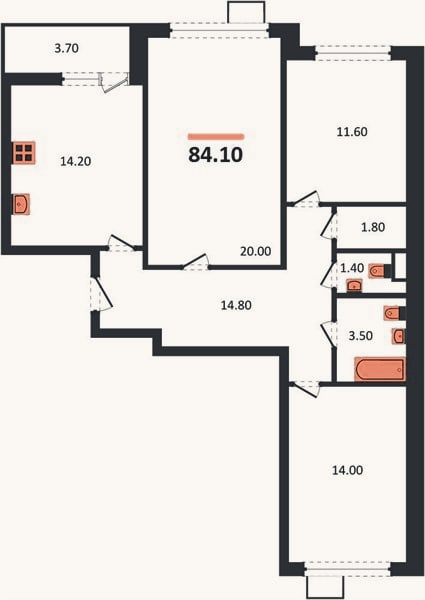 Планировка: 3-к, 84,1 м²