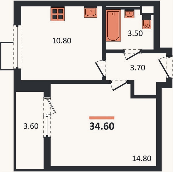 Планировка: 1-к, 34,6 м²