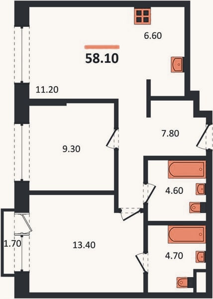 Планировка: 2-к, 58,1 м²