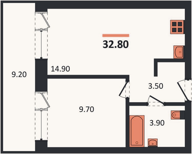 Планировка: 1-к, 32,8 м²