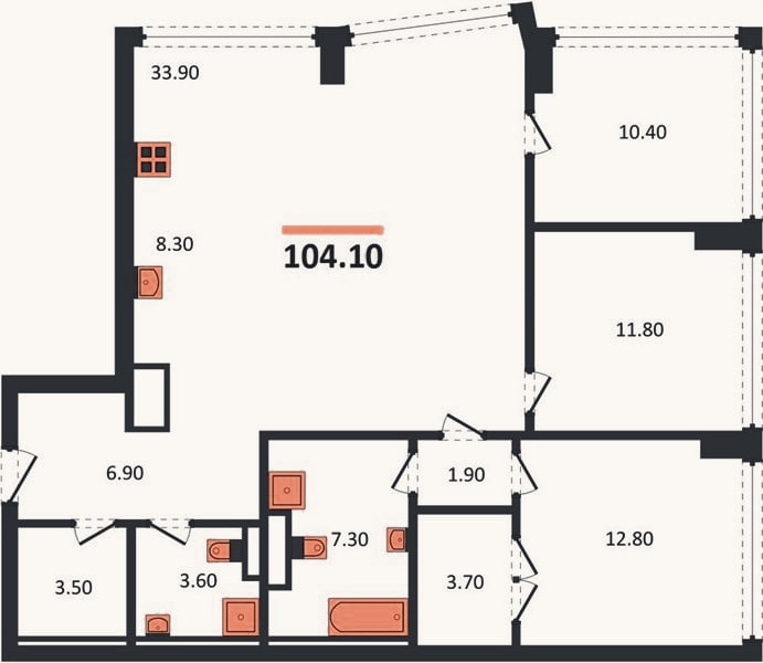 Планировка: 3-к, 104,1 м²