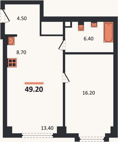 Планировка: 1-к, 49,2 м²