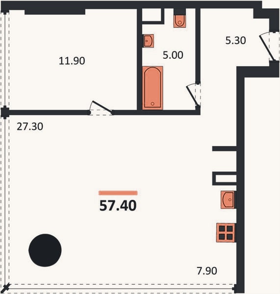 Планировка: 1-к, 57,4 м²