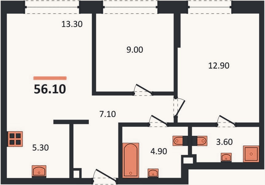 Планировка: 2-к, 56,1 м²