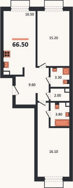 Планировка: 2-к, 66,5 м²