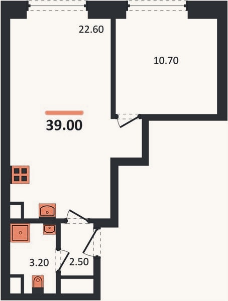 Планировка: 1-к, 39 м²