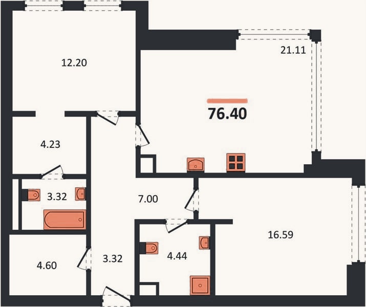 Планировка: 2-к, 76,4 м²